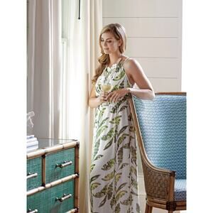 Tommy Bahama Palm Halter Maxi Dress White Tie Neck Elastic Waist Pullover Sz 12